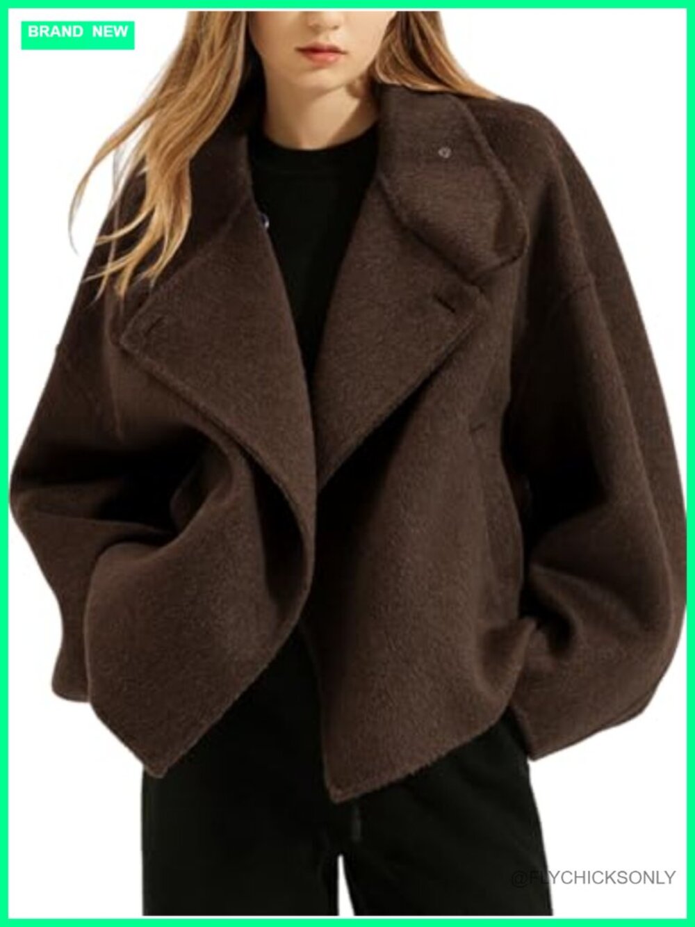 Cropped Wool Blend Pea Coat Notch Lapel Long Sleeve Women's